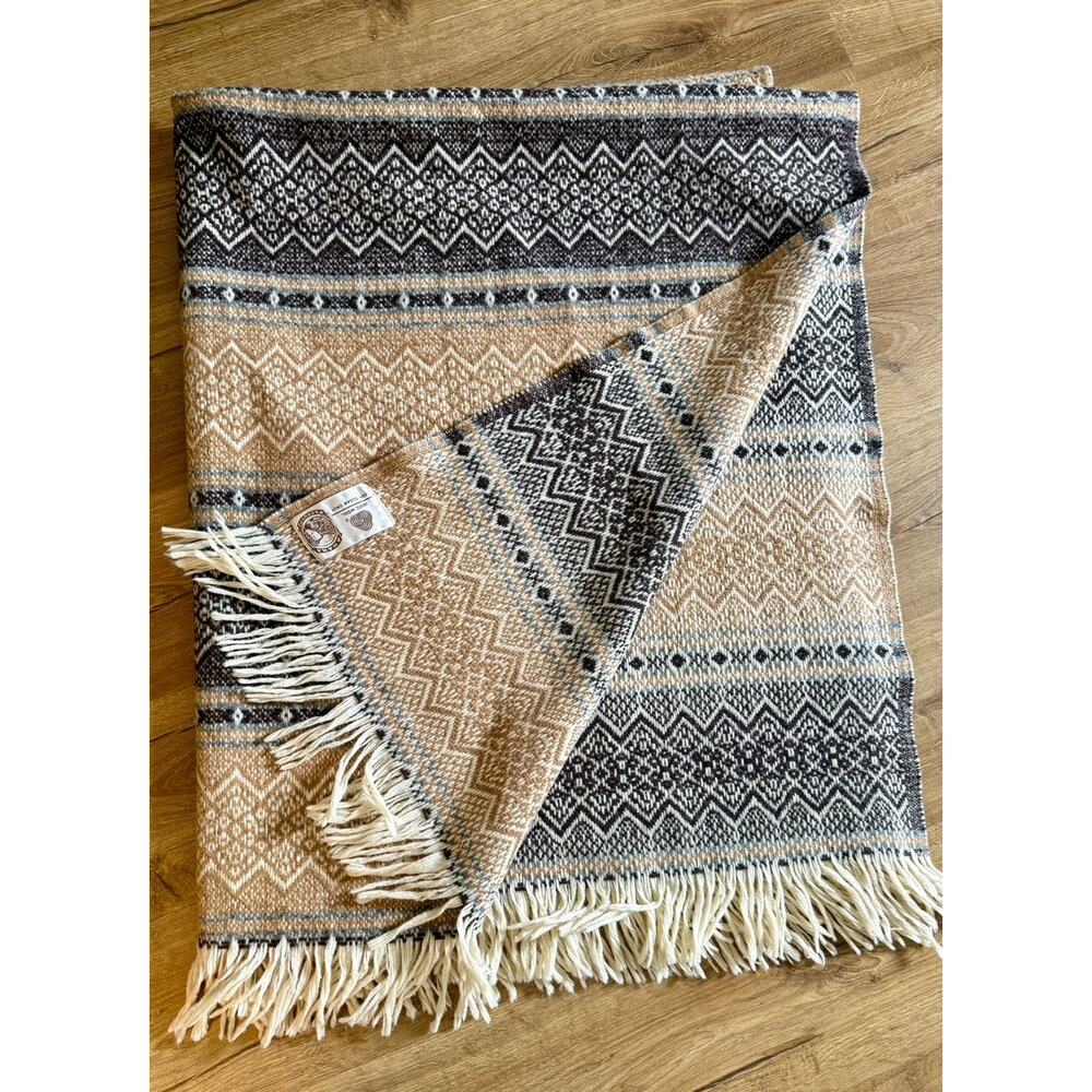 Vintage Amana Woolen Mills 100% Wool Throw Blanket 51x65" Black Brown Southwest